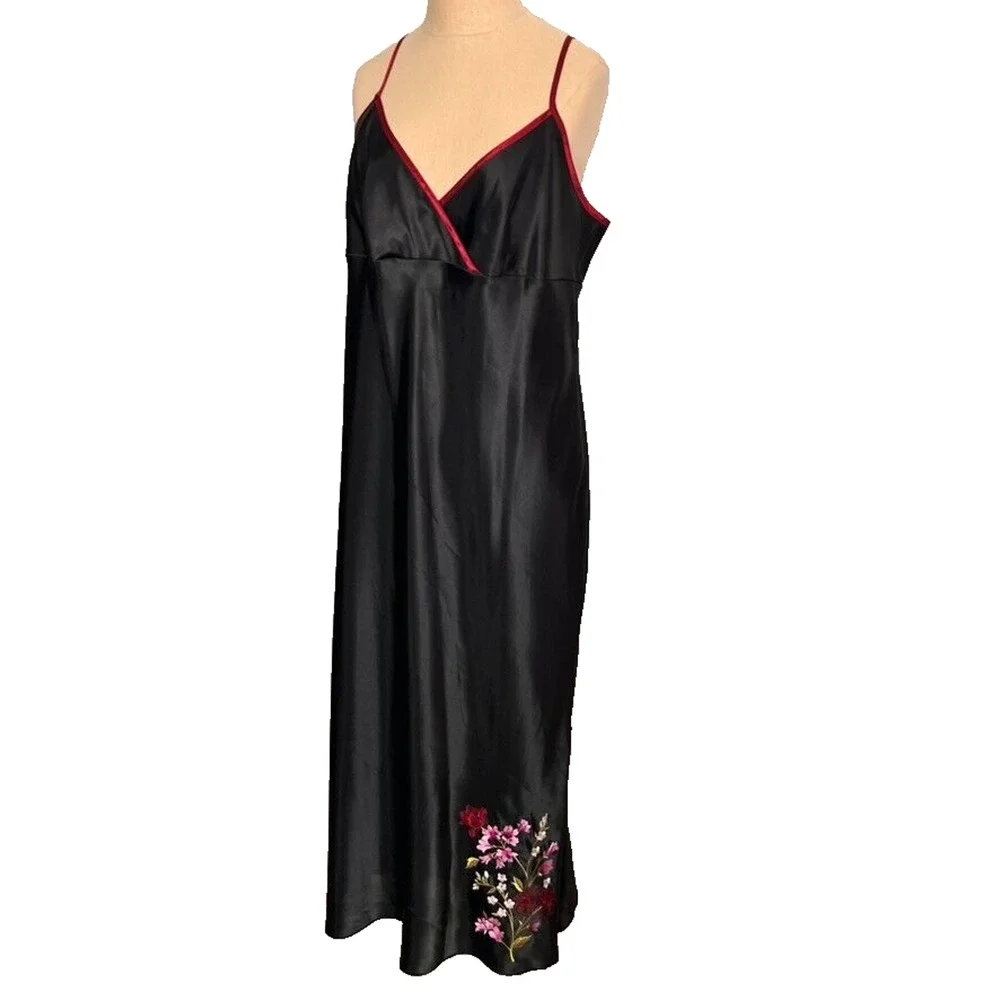 Valerie Stevens Dress Women L Black Liquid Satin Full Slip Floral Embroidery Vtg